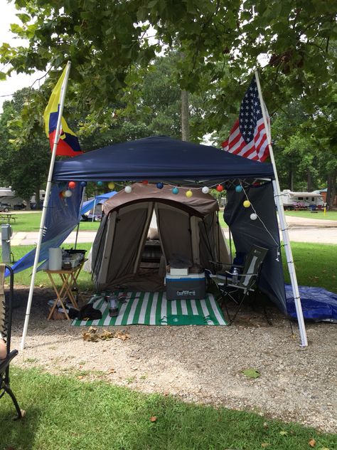 Tent Campsite Setup, Seasonal Campground Ideas Campsite, Canopy Camping Setup, Triton Camping Setup, Camp Site Set Up Ideas, Camping Festival Campsite, Camp Layout, Camper Projects, Campsite Setup