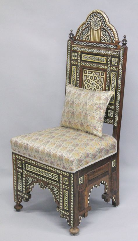 A PAIR OF 19TH CENTURY MOORISH MOTHER OF PEARL AND BONE INLAID CHAIRS, together with a small Moor Egyptian Chair, Moorish Furniture, Islamic Furniture, Egyptian Furniture, Egyptian Era, Islamic Style, Moorish Design, Regency Furniture, Medieval Furniture