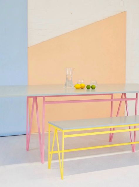 Modern Dining Set, Live Room, British Furniture, Cottage By The Sea, Dining Sets Modern, Colorful Table, Pink And Yellow, Metal Table, Colour Schemes