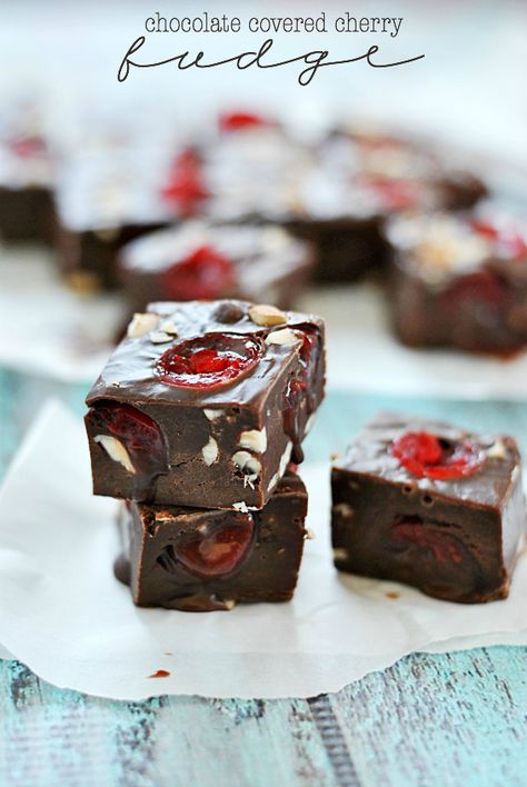 Chocolate Covered Cherry Fudge | www.somethingswanky.com Fudge Desserts, Cherry Fudge, Pralines And Cream, Chocolate Covered Cherry, Candy Mountain, Dessert Truffles, Keto Fudge, Christmas Fudge, Chocolate Covered Cherries