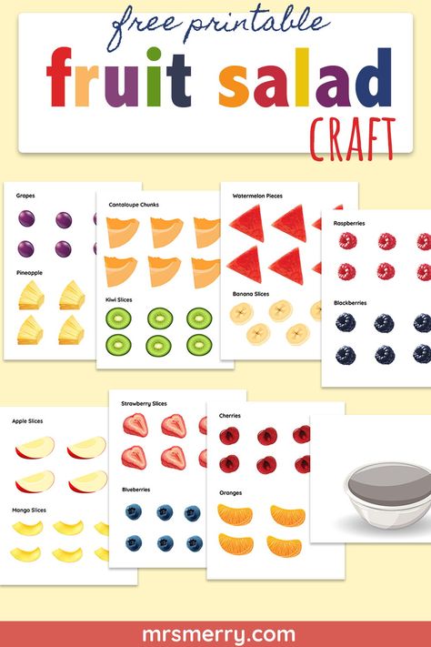 Make your own fruit salad. Cut, paste and create. Great as a classroom activity. #buildyourowncraft #kidsactivitiesprintables #papertoys #papercraftskids #teachercraftsforkids Fruit Salad Craft Preschool, Food Activities For Preschool, Fruit Craft Ideas, Salad Craft, Letter D Crafts, Paper Fruit, Fruit Crafts, Fruit Salad Recipe, Food Shapes