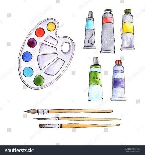 art materials, line drawing set of squirrel,bristle and synthetic brushes for painting and calligraphy and paint tubes, hand drawn watercolor illustration Royalty free image illustration Art Materials Illustration, Art Tools Illustration, Art Materials Drawing, White Background Painting, Illustration Stationery, Background Painting, Create This Book, Contemporary Art Painting, Learn Art