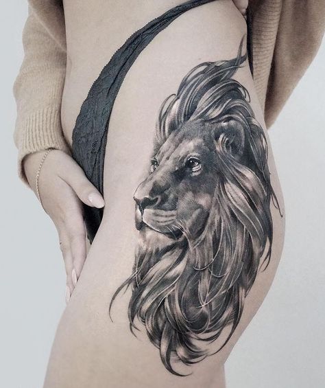 Hip Lion Tattoo, Lion On Hip Tattoo, Hip Lion Tattoos Women, Lion Tattoo For Women Leg, Lion Hip Tattoos Women, Lion Tattoo Thigh, Designing Tattoos, Female Lion Tattoo, Lion Flower