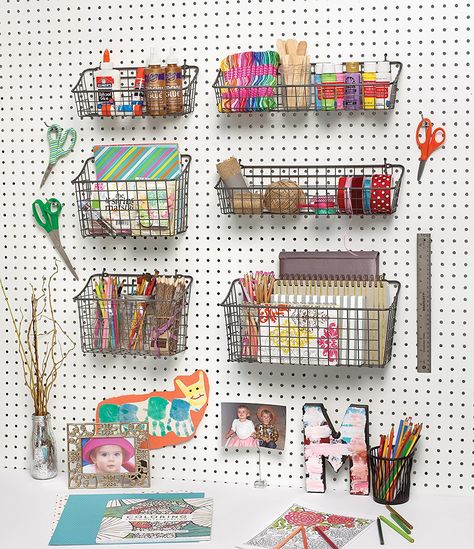 Pegboard Baskets, Pegboard Craft Room, Pegboard Garage, Pegboard Wall, Pegboard Organization, Art Studio Room, Dream Craft Room, Craft Room Design, Scrapbook Room