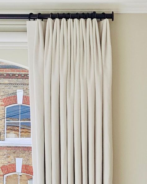 Simple and elegant handmade double tailored pleat curtains in @romo_fabrics hung on @bradleycollection slim steel poles from a project we… Romo Fabrics, Pleat Curtains, Pleated Curtains, Drapery Hardware, Curtain Poles, Basic Shower Curtain, Curtains With Blinds, Window Decor, Finials