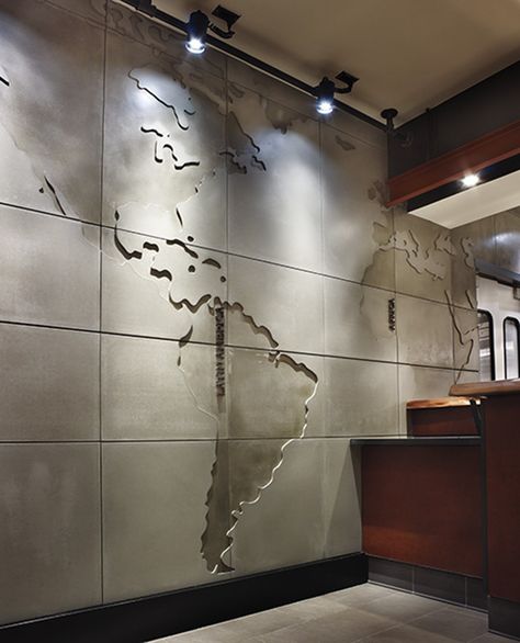 World Map Wall Feature - Starbucks Toronto. | Anthony Concrete Design | Archinect Cement Wall Design Interiors, Cement Sheet Wall Interiors, Cement Design On Wall, World Map Ideas, Concrete Wall Art, Concrete Wall Design, Cement Sheet, Office Feature Wall, Concrete Cladding