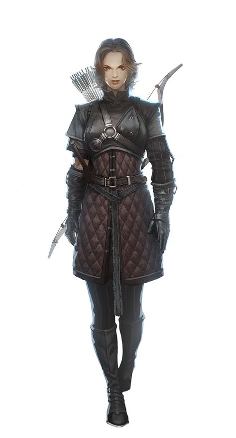 Female archer elf in padded armour Bow and arrow RPG character inspiration for ranged fighter - DnD Rogue Outfit, Woman In Armor, Female Archer, Woman Archer, Armor Ideas, Female Armor, Rpg Characters, Art Women, Fantasy Armor