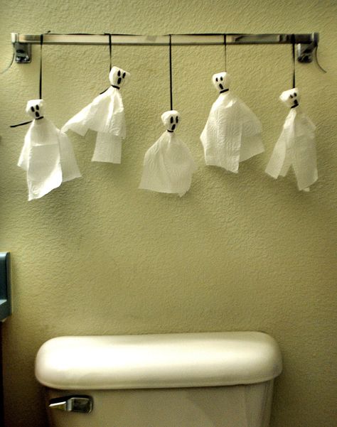 Halloween Restroom Decorations, Halloween Decorations Restroom, Toilet Paper Halloween Decorations, Diy Halloween Decorations Bathroom, Halloween Toilet Decor, Toilet Paper Ghosts, Halloween Restroom Decor, Halloween Decorations Bathroom, Hollween Decor