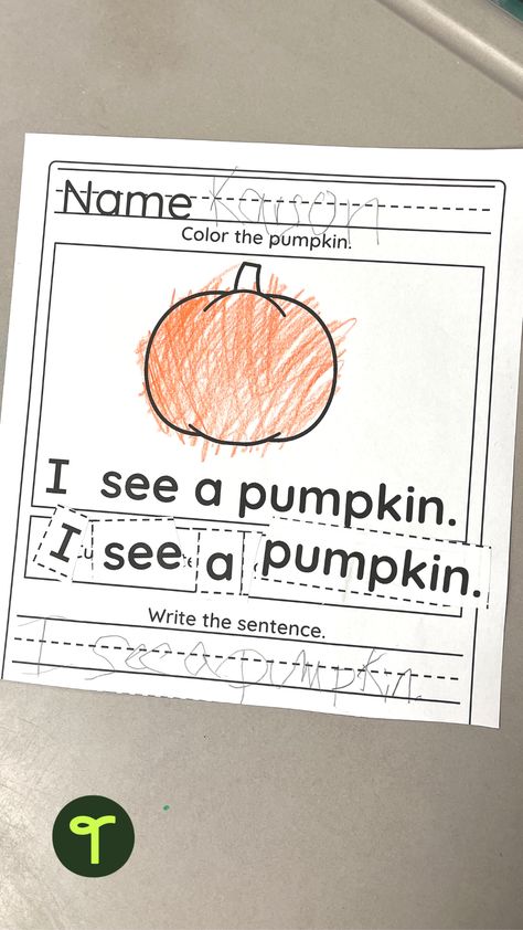 Our Write About It! Pumpkins pack is a unique resource that can be an introduction to sentence structure for Kindergarten and a review of first-grade concepts. This product includes three differentiated levels of writing activities, each targeting a different level of progression with your students. The levels are Introductory Level: Color cut and paste to build a sentence Mid Level: Draw and complete a sentence prompt. High Level: Draw and independently write a story about a pumpkin. Halloween Writing Prompts Kindergarten, Sentence Structure First Grade, Pumpkin Writing Kindergarten, Pumpkin Writing Activities, Opinion Writing Anchor Charts, Descriptive Writing Prompts, Pumpkin Writing, Fall Writing Prompts, Build A Sentence