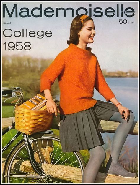 Ali MacGraw of Wellesley in an orange mohair sweater, plea… | Flickr Mademoiselle Magazine, 1950s Vintage Fashion, Ali Macgraw, Grey Pleated Skirt, Velo Vintage, Women Magazines, Vintage Fall, Mohair Sweater, Vintage Magazines