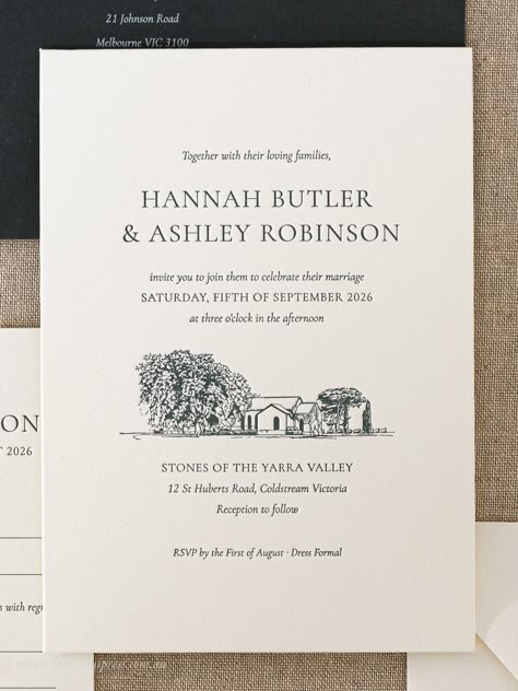 Old English Wedding Invitations, Wedding Invite Venue Sketch, Wedding Invitation Cards Illustration, Basic Wedding Invitations, Wedding Invite With Illustration, Estate Wedding Invitations, Green Letterpress Wedding Invitations, Wedding Invite With Venue Illustration, Wedding Invite Venue Illustration