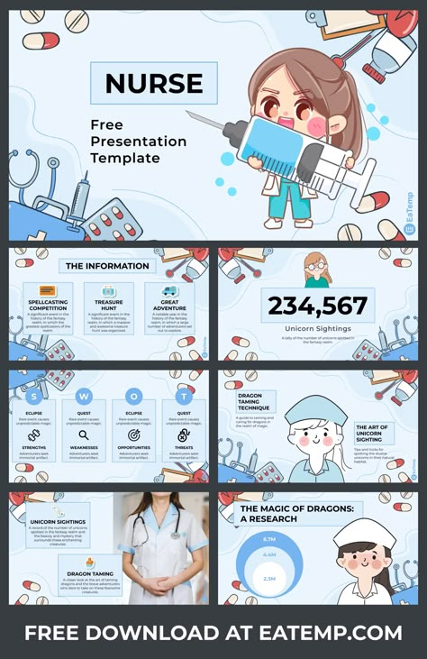 Nurse PowerPoint Template - A unique and stylish slide deck for nurses to use in their presentations. Features a variety of nursing-themed graphics and icons, as well as pre-formatted layouts for easy Google Slides Free Template, Medical Portfolio, Mind Mapping Ideas Creative, Template Yearbook, Template For Ppt, Template Notes, Power Point Design, Desain Merek, Canva Templates Ideas