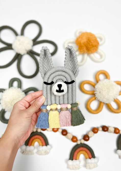 Macrame Animals, Rope Rainbow, Llama Nursery, Llama Face, Unique Macrame, Nursery Rainbow, Rainbow Macrame, Yarn Wall Art, Animal Nursery Decor