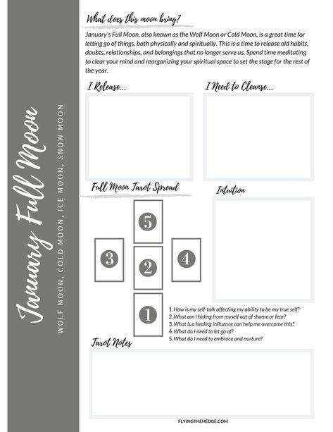 This month's Full Moon worksheet contains the usuals of my past Full Moon worksheets, including a to release and cleanse section, a box for your intuition, and a tarot spread. Unlike past worksheets, however, this one can be used every January, as it is based on the correspondences of the moon itself and not other astrological events. The 5-card tarot spread for the January Wolf Moon is designed with release and self-reflection in mind. What is holding you back? How can you overcome it and heal? Full Wolf Moon Tarot Spread, Wolf Moon Tarot Spread, Wolf Moon Ritual, Past Worksheets, Grimoire Notes, Witchy Cabinet, Moon Worksheet, January Full Moon, Full Wolf Moon