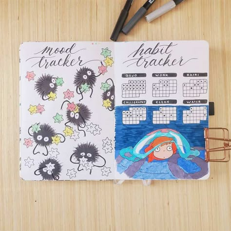 Ghibli Journal Ideas, Studio Ghibli Bujo, Studio Ghibli Journal Ideas, Studio Ghibli Bullet Journal, Study Journal Ideas, Studio Ghibli Journal, Studio Ghibli Layout, Ghibli Journal, Bujo Theme Ideas