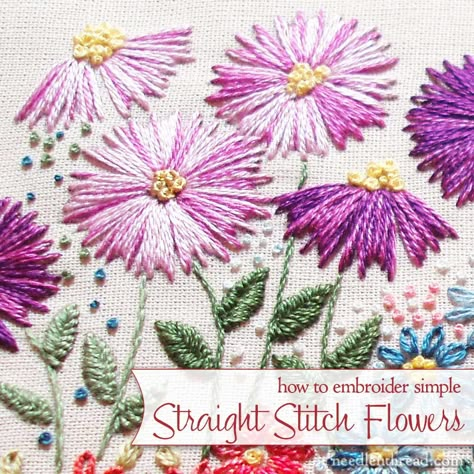 Straight Stitch in Hand Embroidery: Flowers Aster Embroidery Pattern, Aster Flower Embroidery, Aster Embroidery, Brazilian Embroidery Stitches, Pola Kristik, Embroidery Stitches Tutorial, Pola Sulam, Brazilian Embroidery, Simple Embroidery