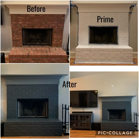 Gray Chimney Brick, Black Washed Fireplace Brick, Paint Chimney Brick, Old Chimney Makeover, Brick Fireplace Painting Ideas, Brick Fireplace Makeover Modern, Brick Chimney Makeover, Dark Gray Fireplace Brick, Grey Fireplace Brick