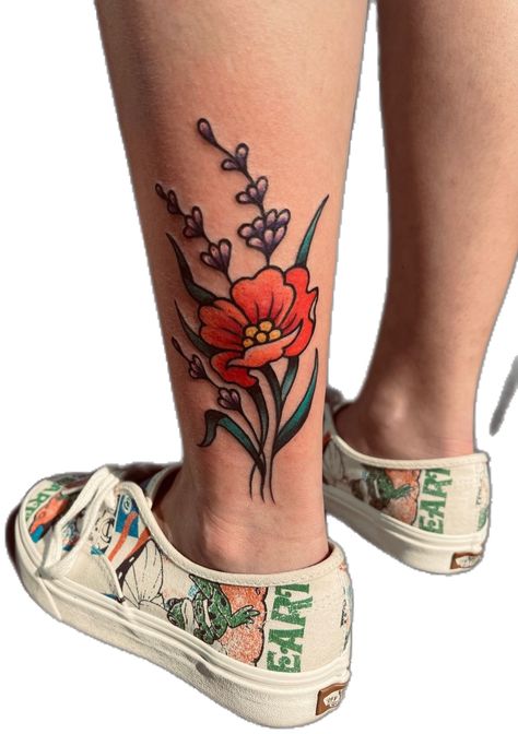 6 inch tattoo on back of calf above the ankle. one poppy and three pieces of lavender with leaves Poppy American Traditional Tattoo, Traditional Poppy Tattoo, Back Of Ankle Tattoo, California Poppy Tattoo, Pretty American, Tattoo Pretty, Colored Tattoo, Poppy Tattoo, Lavender Tattoo