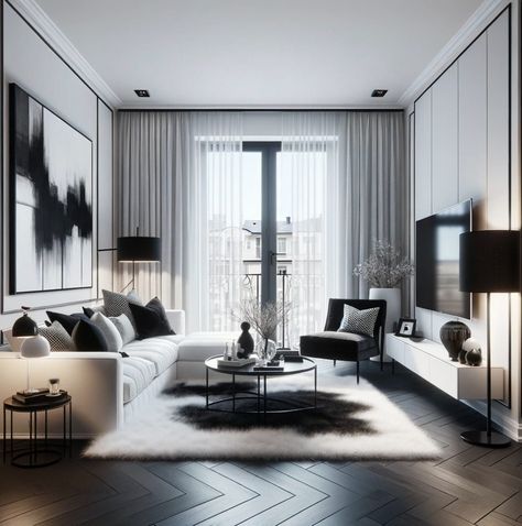 A black and white small living room design for a new-build home Small Black And White Apartment, Black White Salon Decor, Black N White House Interior Design, White Small Living Room, Black Grey Living Room, New Build Living Room, Black And White Salon, Living Room Interior Design Ideas, Black And White Living Room