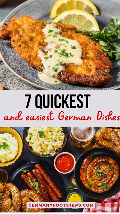 Breaded schnitzel with sauce, lemon slices, and parsley on a plate above text promoting quick and easy German dishes, with images of sausages and pretzels. German Veggie Side Dishes, German Main Dish Recipes, Keto German Recipes, German Dinner Ideas, German Food Recipes Easy, German Meals Traditional, German Dishes Traditional, German Desserts Authentic, German Recipes Traditional