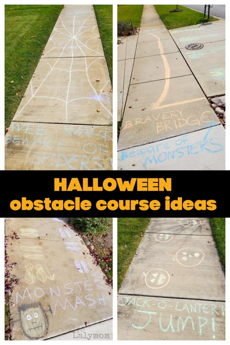 SUPER FUN Halloween Sidewalk Chalk Obstacle Course Ideas - LalyMom Kid Obstacle Course Ideas, Halloween Sidewalk Chalk Obstacle Course, Halloween Chalk Obstacle Course, Fall Obstacle Course For Kids, Halloween Sidewalk Chalk Ideas, Halloween Party Game Ideas For Kids, Halloween Kids Games Ideas, Halloween Sidewalk Ideas, Halloween Obstacle Course Kids