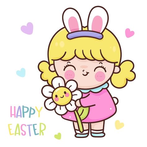 Vector bunny girl holding flower for eas... | Premium Vector #Freepik #vector #easter #easter-day #egg-hunt #easter-holiday Ice Cream Kawaii, Easter Drawings, Doll Drawing, Lion Drawing, Illustration Art Kids, Cute Vector, Easter Pictures