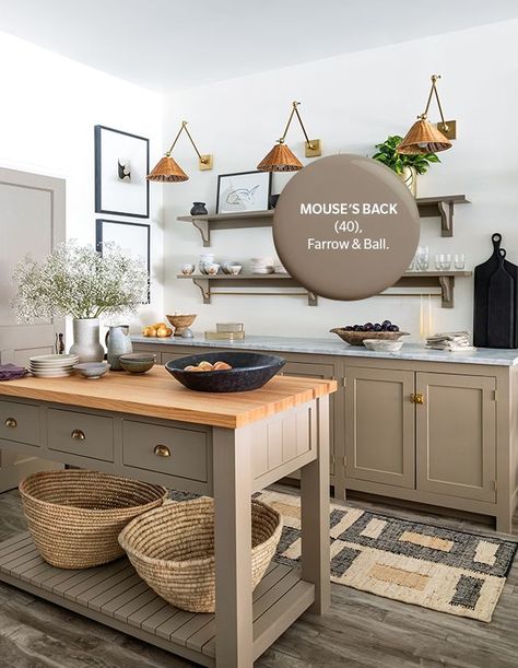 Nice use of color in the kitchen Mouses Back, Farrow And Ball Kitchen, Greige Kitchen, Kitchen Color Trends, Paint Trends, Barn Kitchen, Paint Color Inspiration, Kitchen Colour Schemes, Farrow And Ball