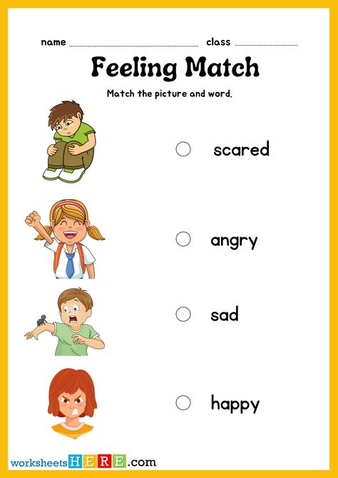 Match Feeling Words with Pictures PDF Worksheets For Kindergarten and Kids - WorksheetsHere.com Feeling Worksheet For Kindergarten, Emotion Worksheets For Kids, Feelings Worksheets For Kids, Emotions Worksheets For Kids, Feeling Words, Feeling Words List, Words List, Worksheets For Kindergarten, Feelings Words