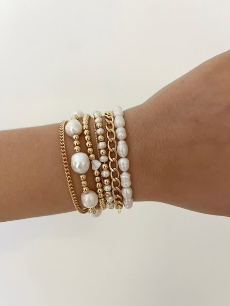 Freshwater pearls mixed with 14k gold filled beads to add a statement to your stack this season 6.5 inches & stretches Preppy Jewelry, Wrist Jewelry, Vintage Jewelry Necklace, Snake Jewelry, Jewelry Accessories Ideas, Gold Jewelry Necklace, Classy Jewelry, Jewelry Essentials, Stacked Jewelry