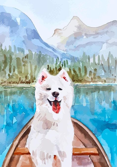 White dog samoyed in the boat on the lake with mountains view watercolor nature illustration Samoyed Watercolor, Easy Watercolor, White Dogs, Nature Illustration, Mountain View, Art Sketches, Vector Free, Royalty Free, Lake