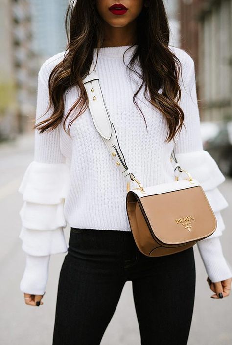 31 Best Prada Bags of All Time That Are Worth the Investment - Glowsly  #bags #handbags #pradahandbags White Knit Sweater, Prada Bags, Prada Handbags, Mode Inspo, White Sweater, Club Monaco, Komplette Outfits, Mode Inspiration, Fall Winter Outfits