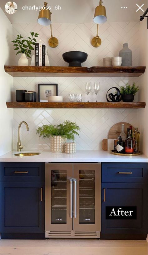 Exposed Shelves Kitchen Coffee Bar, Open Shelves Bar Area, Wet Bar Floating Shelf, Wet Bar Shelf Decor, Wet Bar Ideas With Floating Shelves, Shelves Above Dry Bar, Decorating Bar Shelves, Built In Bar Floating Shelves, Bar Backsplash Ideas Open Shelving