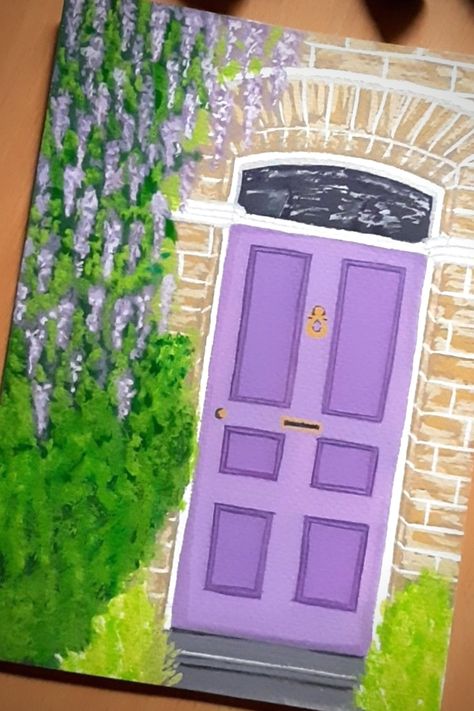 Lavender door with lavender color flowers outside it, Brick wall, stone wall Painting Brick Wall, Gouache Painting Easy, Lavender Color Flowers, Easy Gouache Painting Ideas, Easy Gouache Painting, Gouache Painting Ideas, Lavender Door, Easy Gouache, Painting Brick