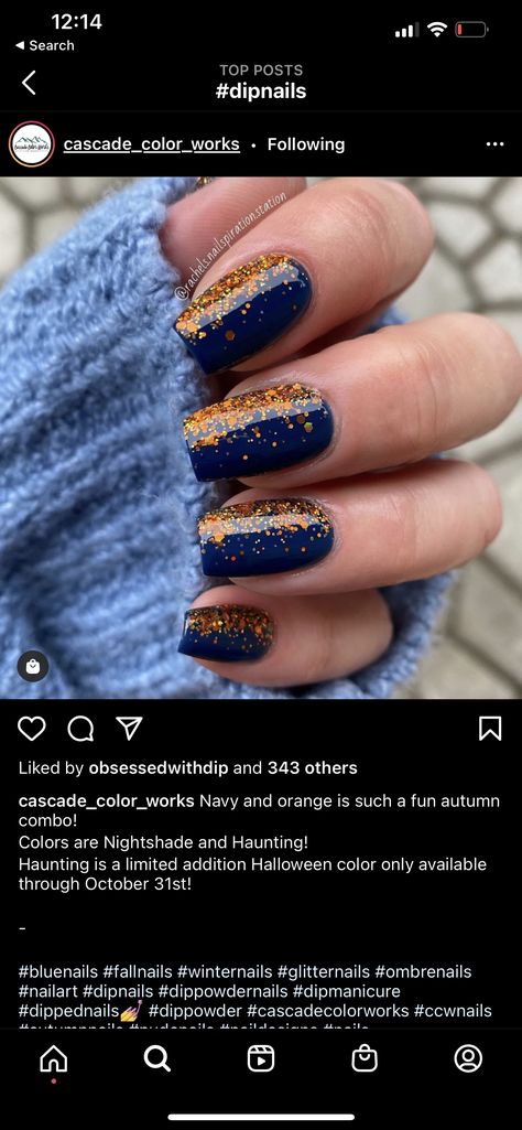 Thanksgiving Nails Fall Square, Fall Cruise Nails 2022, Powder Dipped Nails Halloween, Glittery Fall Nail Ideas, Fall Nails Dipping Powder, Navy Blue Fall Nails Acrylic, Cute Dip Powder Nails Fall, Dip Powder Halloween Nails Ideas, Blue And Orange Dip Nails