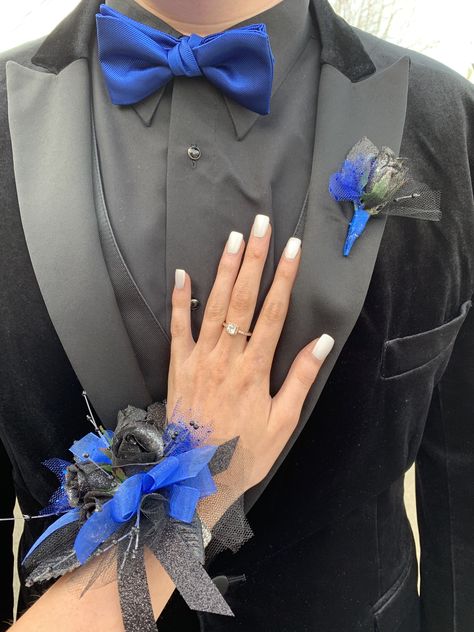 Heels With Blue Prom Dress, Butiner Prom Blue, Cobalt Blue Prom Couple, Chambalans Outfits Quince Royal Blue, White And Blue Chambelanes Outfits, Blue And Black Corsage Prom, Royal Blue Tux Prom, Black And Royal Blue Quinceanera Theme, Tux With Royal Blue Dress