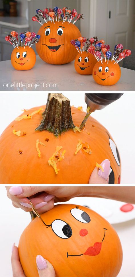 Pumpkin With Lollipops, Easy Pumpkin No Carving Ideas, Halloween Lollipop Decorations, Suckers In Pumpkin, Easy Pumpkins Carvings, Pumpkin Lollipop Holder, Decorating Pumpkins Without Carving Kids, Easy Kids Pumpkin Painting, Kids Pumpkin Ideas