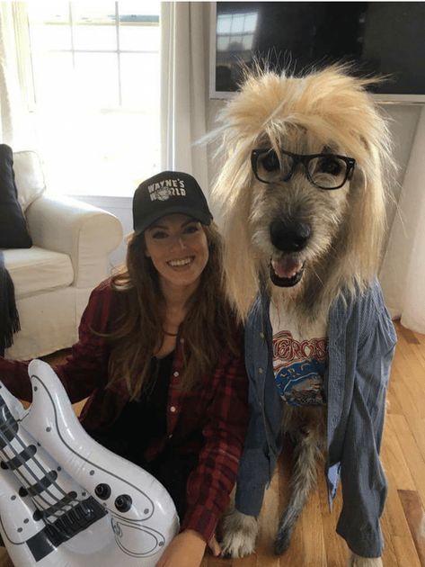 Right out of Wayne’s World Waynes World Costume, Dog And Owner Costumes, Costumes For Dogs, Best Friend Halloween Costumes, Wayne's World, Irish Wolfhound, Dog Dress, Dog Halloween Costumes, Group Halloween Costumes