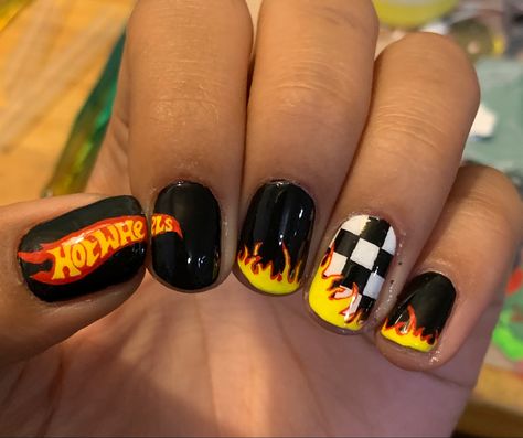 Hotwheels Nail Art, Hot Wheels Nails Acrylics, Car Acrylic Nails, Car Design Nails, Monster Jam Nail Designs, Car Theme Nails, Cars Nails Designs, Hot Wheel Tattoo, Car Themed Nails