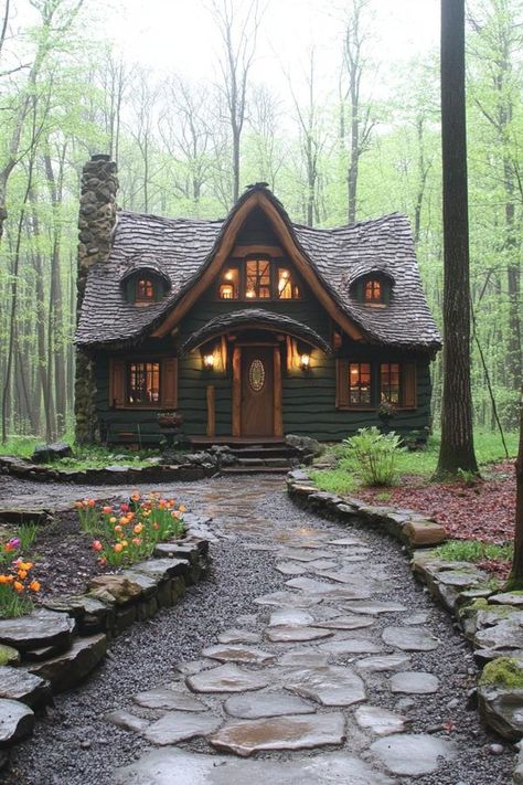 Dream Cottages & Gardens | The Hobbity Homestead Hideout...Nestled amid a lush, green forest, this delightful Storybook Home instantly captivates with its whimsical charm | Facebook Cottage In The Woods Interior, Cottage In The Woods Fairytale, Buildings To Draw, Shed Guest House, Fairy Cottages, European Houses, Cob Homes, Lush Green Forest, Curved Roof