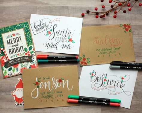 Holiday Christmas Envelope Art tutorial with Chasity Sivanick www.kellycreates.ca Hand Lettering Envelopes Christmas, Decorate Envelope Ideas Christmas, Creative Ways To Address Christmas Cards, Winter Envelope Art, Holiday Card Envelope Addressing, Hand Addressed Christmas Envelopes, Christmas Snail Mail Ideas, Christmas Card Lettering Envelope, Holiday Envelope Art