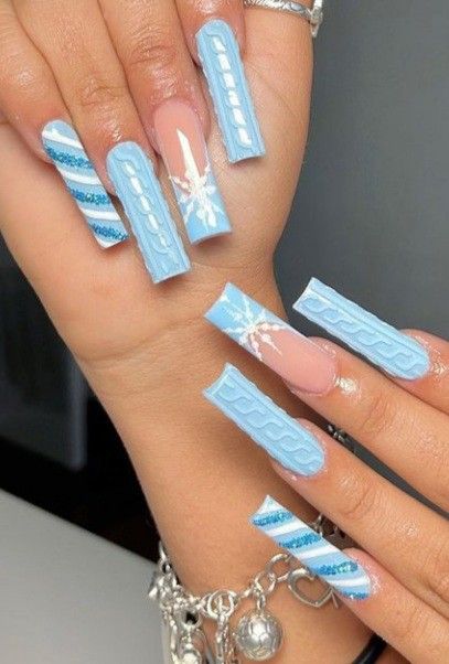 Winter Nail Set Ideas, Christmas Nails Medium Length, Extra Christmas Nails, Reveal Nails, Christmas Nail Designs Acrylic, Blue Christmas Nails, Candy Cane Nails, Long Acrylic Nail Designs, Blue Acrylic Nails