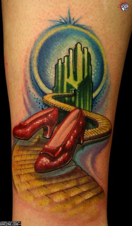 @Lauren White Yellow Brick Road Tattoo Ideas, Yellow Brick Road Tattoo, Road Tattoo, Oz Tattoo, Tat Inspiration, Tattoo Ankle, Feminist Tattoo, Ruby Red Slippers, Rainbow Tattoos