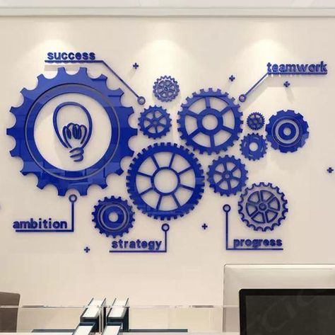 Finance Classroom Decor, Stem Mural, Construction Office Decor, Computer Room Decor, Wall Clock Time Zones, Creative Office Design, Street Decoration, Gear Wall, Office Wall Design