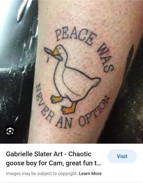 Killer goose Goose Tattoo Matching, Goose Knife Tattoo, Matching Goose Tattoos, Goose Holding A Knife Tattoo, Duck With Knife Tattoo, Goose With Knife Drawing, Silly Goose Tattoo, Partner Tattoo, Peace Was Never An Option