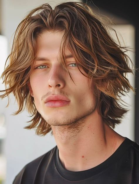 27 Layered Hairstyles for Men From Short to Long Including Medium Length Shaggy and Korean Styles Heart Shaped Face Long Hair, Male Medium Length Hairstyles, Men’s Medium Layered Cut, Mens Shoulder Length Hair, Tousled Hair Men, Shoulder Length Hair Men, Boys Haircuts Long Hair, Surfer Hair, Tousled Hair