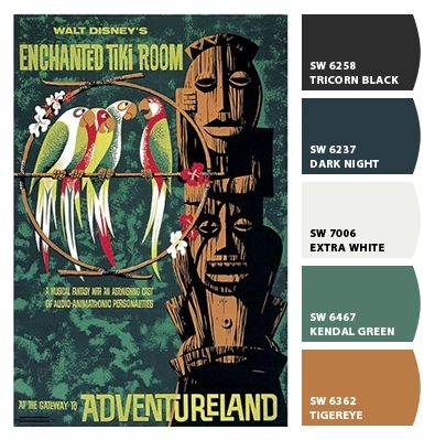 ColorSnap by Sherwin-Williams – ColorSnap by Penny S. Beach House Game Room, Walt Disney's Enchanted Tiki Room, Room Color Palette, Vintage Hawaiian Decor, Disney Enchanted, Enchanted Tiki Room, Hawaiian Decor, House Games, Tiki Room