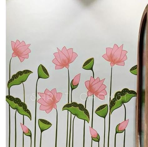 Pichwai Paintings Lotus On Wall, Pichwai On Wall, Pichwai Lotus Sketch Outline, Lotus Painting On Wall, Pichwai Paintings Outline, Floral Wall Painting Ideas, Lotus Wall Painting, Lotus Mural, Kamal Talai