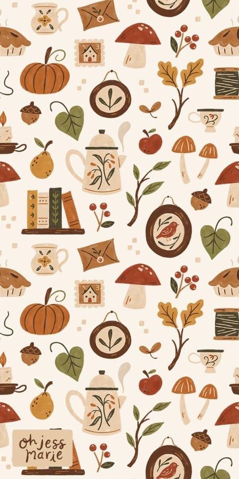 Book Pattern Wallpaper, Autumn Illustration Wallpaper, Vintage Autumn Illustration, Wallpapers Cottagecore, Cute Mushroom Wallpaper, Fall Motifs, Fall Backgrounds Iphone, Cottagecore Wallpaper, Vintage Knick Knacks