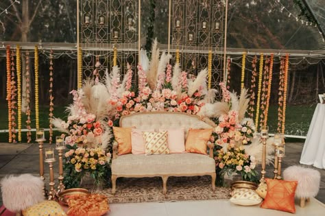 Rustic Mehndi Decor, Boho Mehndi Decor, Couple Seating For Sangeet, Couple Seating, Wedding Stages, Mehendi Decor Ideas, Mehendi Decor, Wedding Stage Design, Dream Wedding Decorations