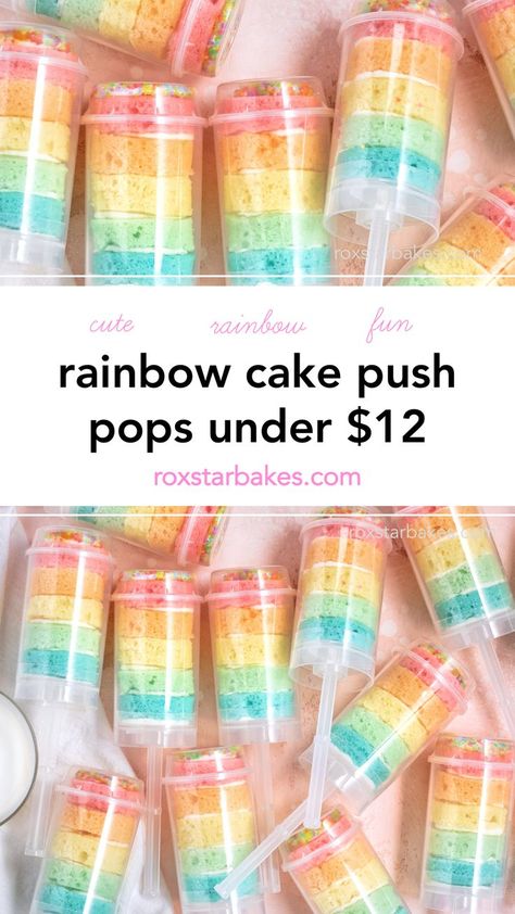 colorful, rainbow cake push pops on a pink table with a side of milk Push Pops Recipes, Push Pop Desserts, Push Cake, Cake Shooters, Rainbow Cake Pops, Cake Push Pops, Push Up Pops, Mason Jar Desserts, Pops Cake